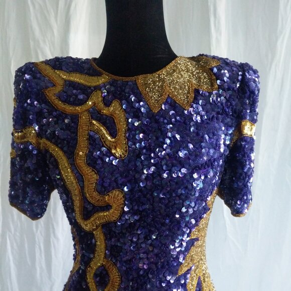 STUNNING RARE Designer Lawrence Kazar Vintage Purple and Gold Beaded Dress Small - Picture 7 of 10
